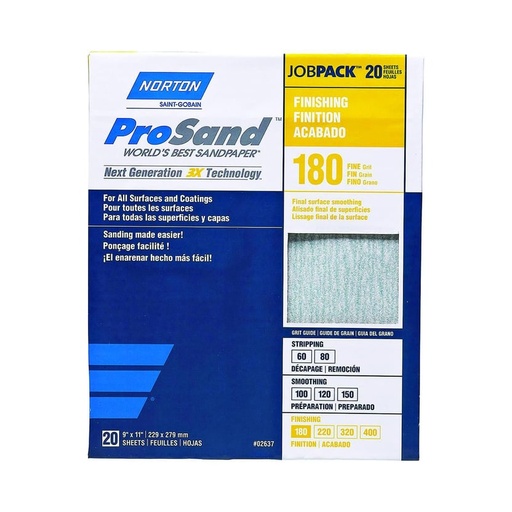 Papel de Lija de Óxido de Aluminio Grano 180 de 22.86 X 27.94 cm