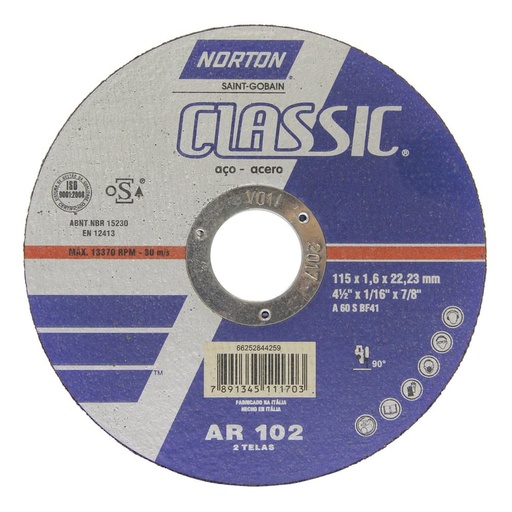 Disco Abrasivo Corte Metal Aceros 4 1/2 Pulgadas X 1.6mm Norton